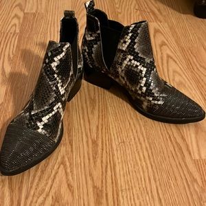 REPORT Zetes bootie — 2 inch heel snake skin booties with silver embellished toe